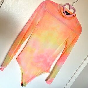 Orange and Pink Tie dye rave one piece mesh bodysuit long sleeve